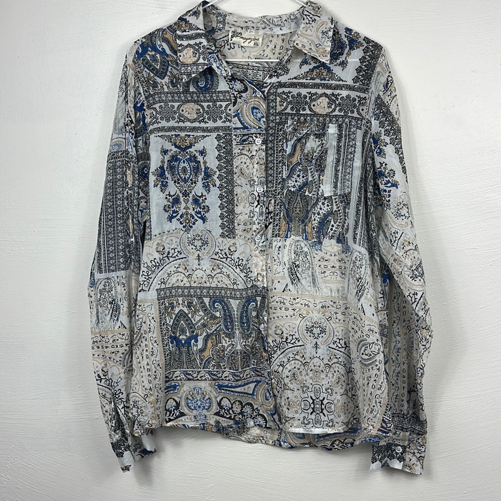 Magazine Button Down Printed Top Blouse Size XL